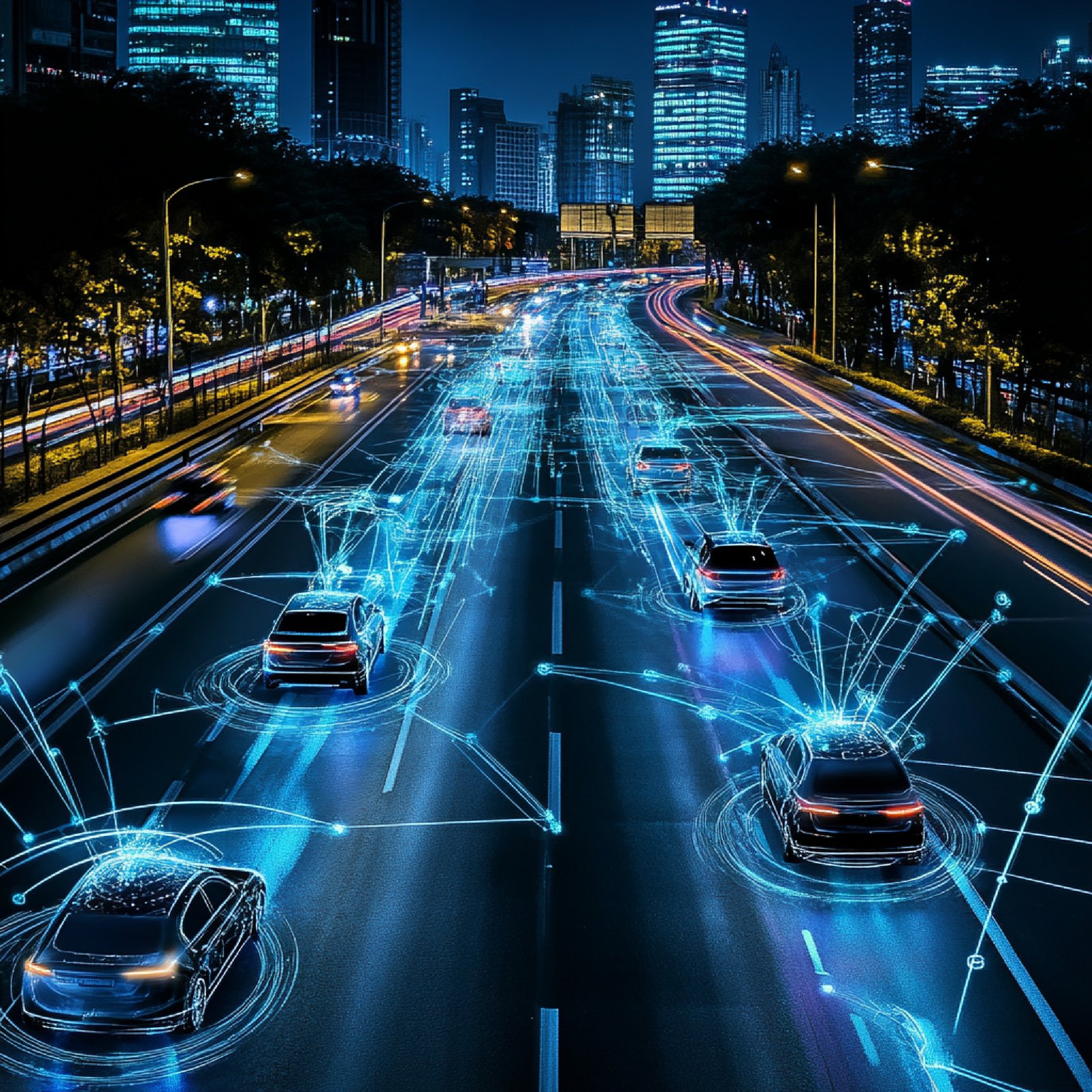 Carros em uma estrada com sobreposição digital de dados em tempo real, representando a telemetria veicular e o uso de tecnologia inteligente.