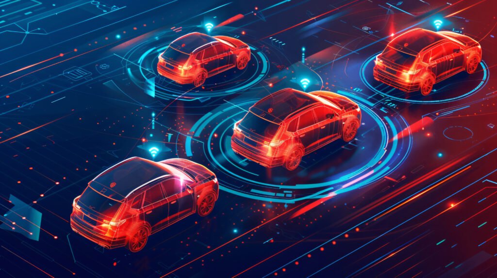 Câmera interna monitora motorista em carro com sensor de fadiga, com alerta visual e sonoro no painel à noite.