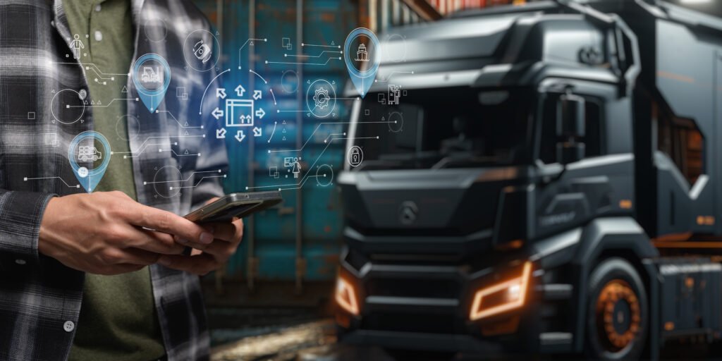 Gestor de frotas analisando dados em painel digital com veículos conectados em tempo real