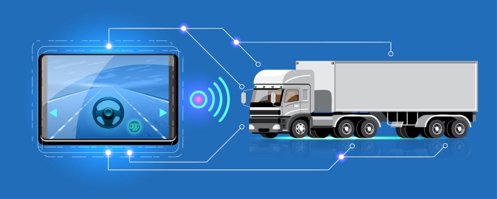 Dispositivo de telemetria em caminhão exibindo velocidade, RPM, localização GPS e alertas em tempo real.