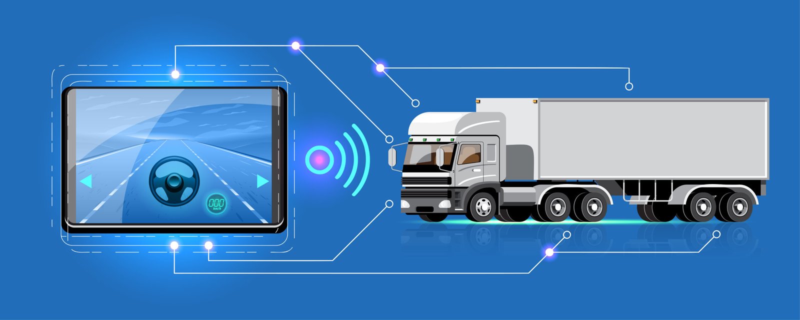Dispositivo de telemetria em caminhão exibindo velocidade, RPM, localização GPS e alertas em tempo real.
