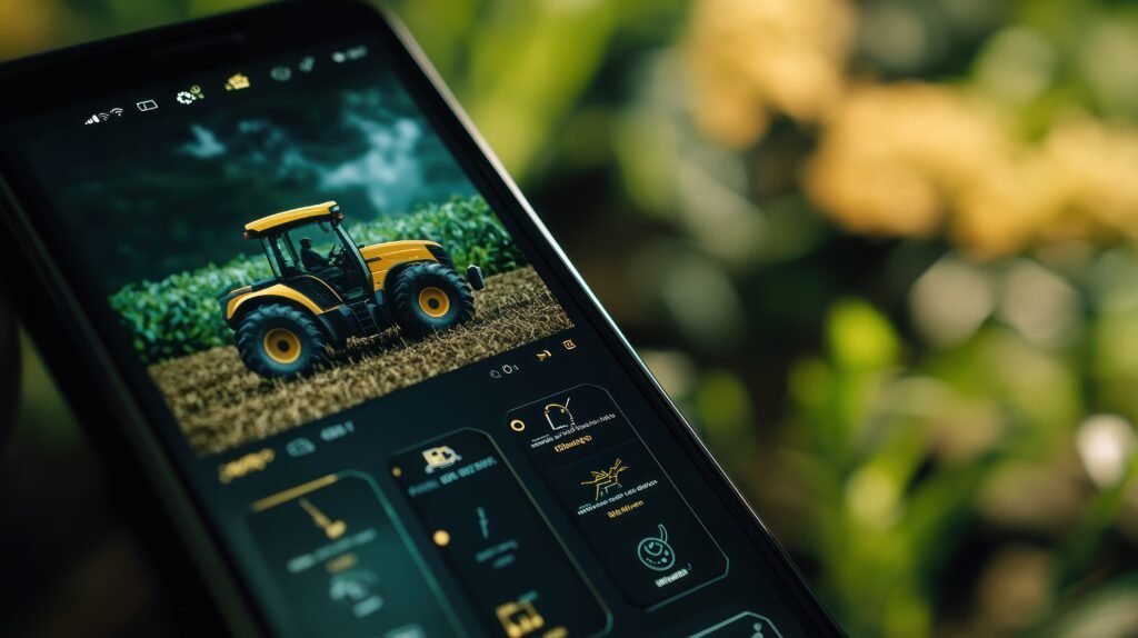 Trator conectado via 5G em lavoura inteligente, com sensores e drones transmitindo dados em tempo real