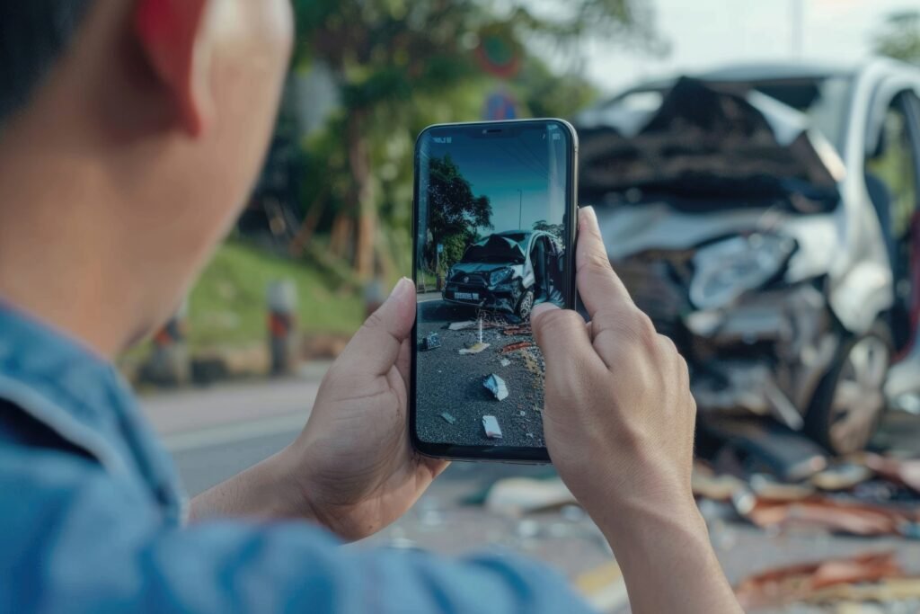 Motorista ao lado de dois carros danificados em acidente de trânsito, analisando a indenização do seguro obrigatório DPVAT no celular.