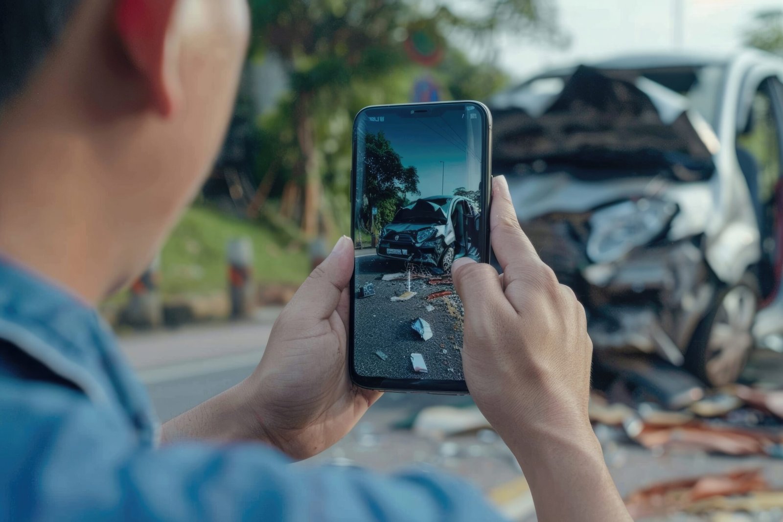 Motorista ao lado de dois carros danificados em acidente de trânsito, analisando a indenização do seguro obrigatório DPVAT no celular.