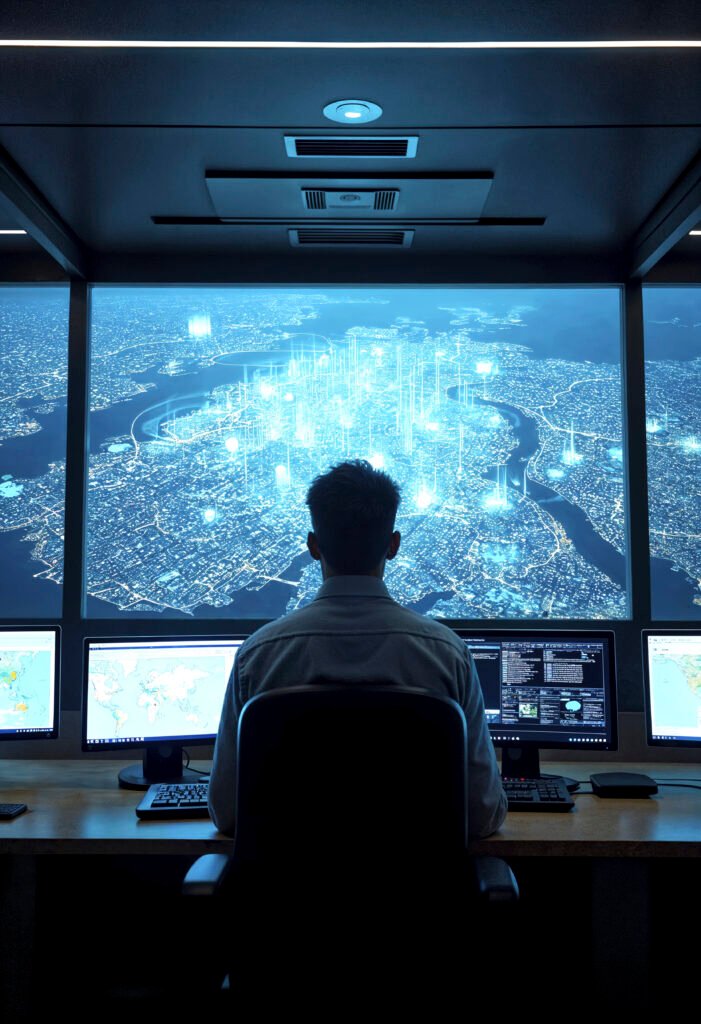 Sala de torre de controle logística com painéis em tempo real e mapa de rotas no telão