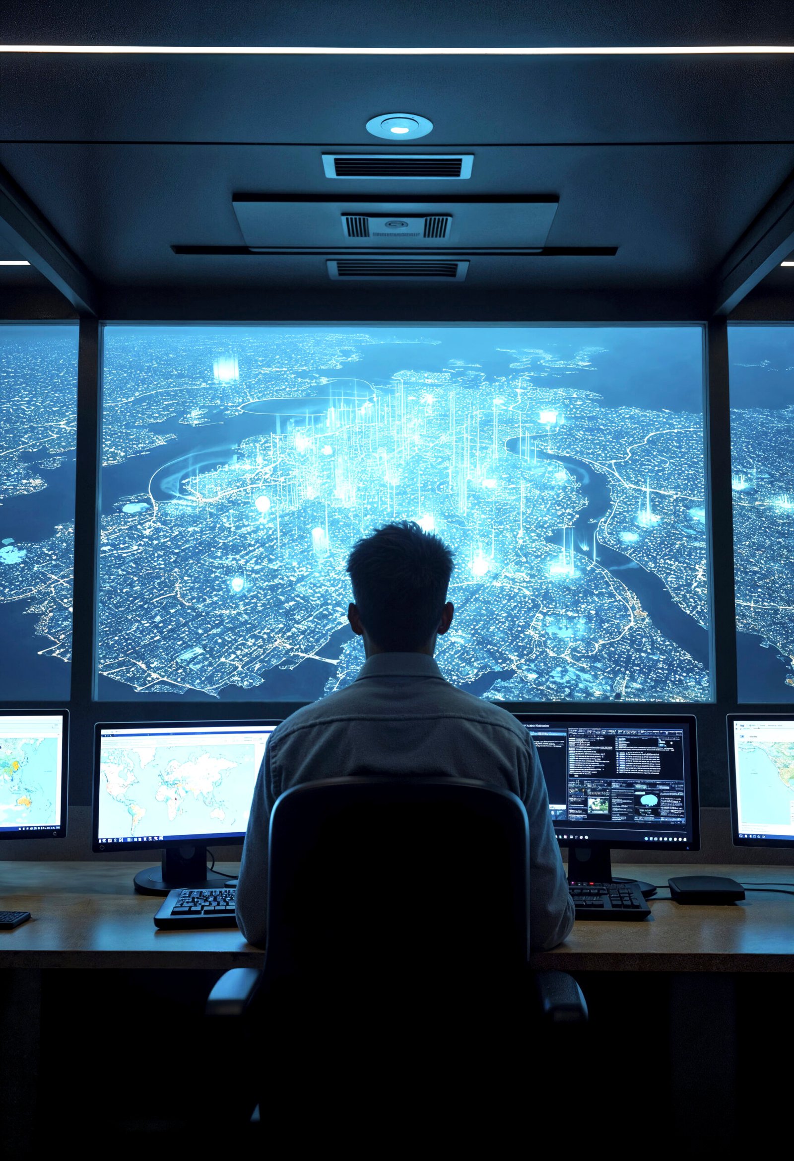 Sala de torre de controle logística com painéis em tempo real e mapa de rotas no telão