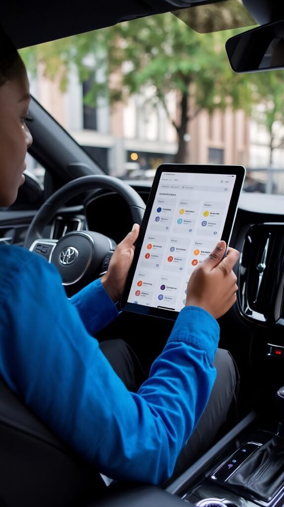 Motorista de caminhão recebendo feedback em tablet com gráficos de desempenho e ícones de segurança