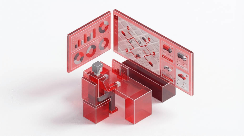 Gestor analisando sistema para controle de frota com indicadores, mapas e status dos veículos.