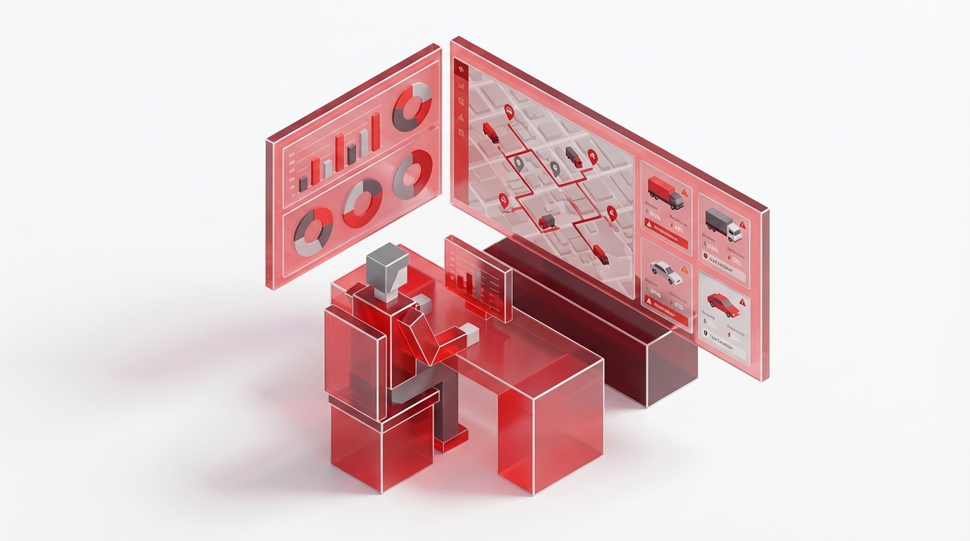 Gestor analisando sistema para controle de frota com indicadores, mapas e status dos veículos.