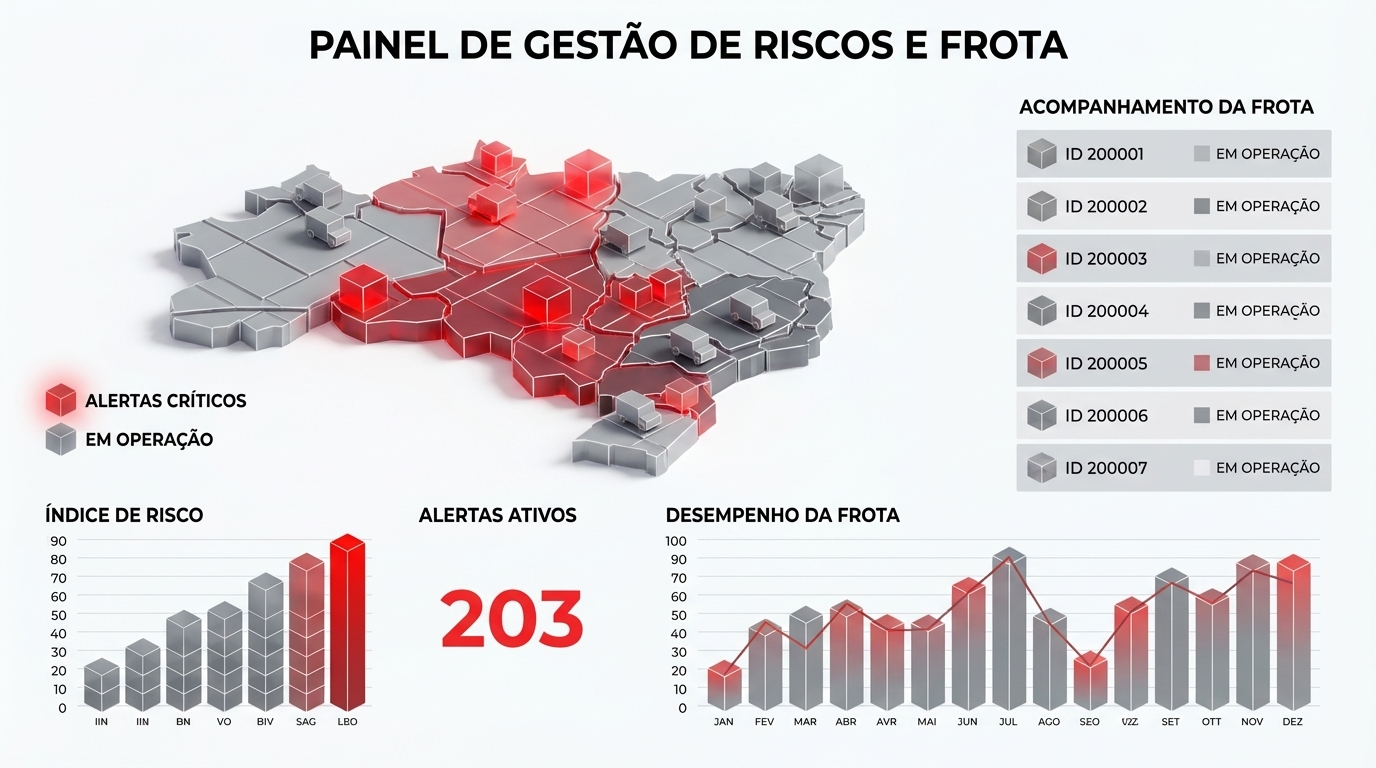 Painel tecnológico de gestão de riscos com dados operacionais, alertas e acompanhamento da frota.