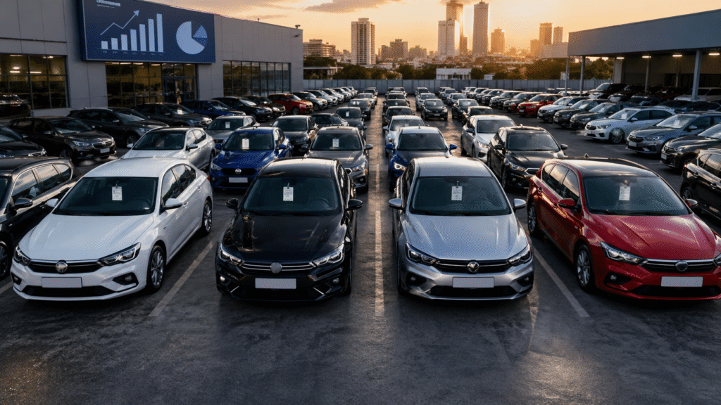 Veículos de cores diferentes em estoque, com foco em revenda e valor de mercado.