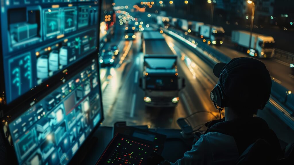 Caminhão com câmera de monitoramento e painel exibindo imagens da cabine e da estrada em tempo real.