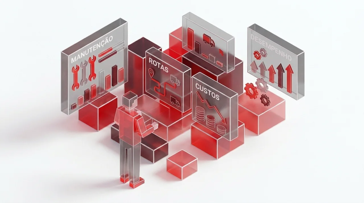 Gestor de frotas analisando indicadores de manutenção, rotas, custos e desempenho operacional.