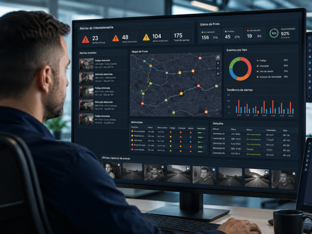 Gestor analisando alertas de videotelemetria da frota em painel com dados de motoristas e veículos.