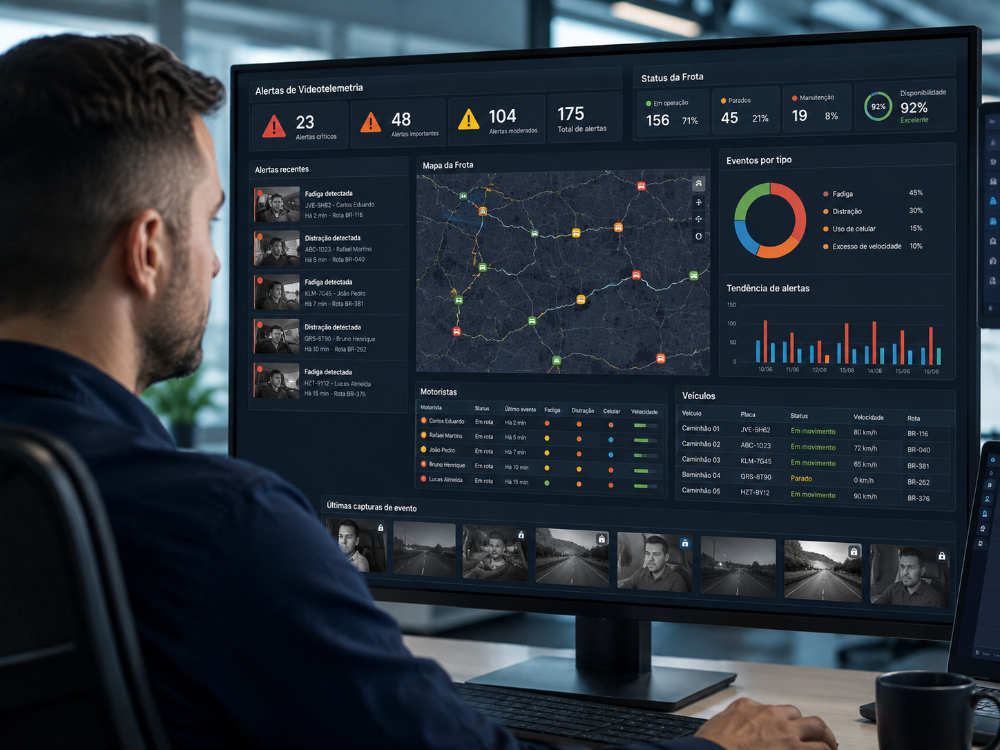 Gestor analisando alertas de videotelemetria da frota em painel com dados de motoristas e veículos.