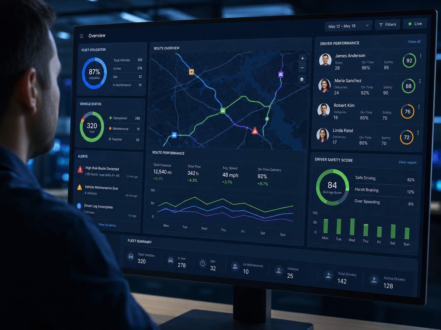 Gestor de frotas analisando indicadores de veículos, motoristas e rotas em painel digital.