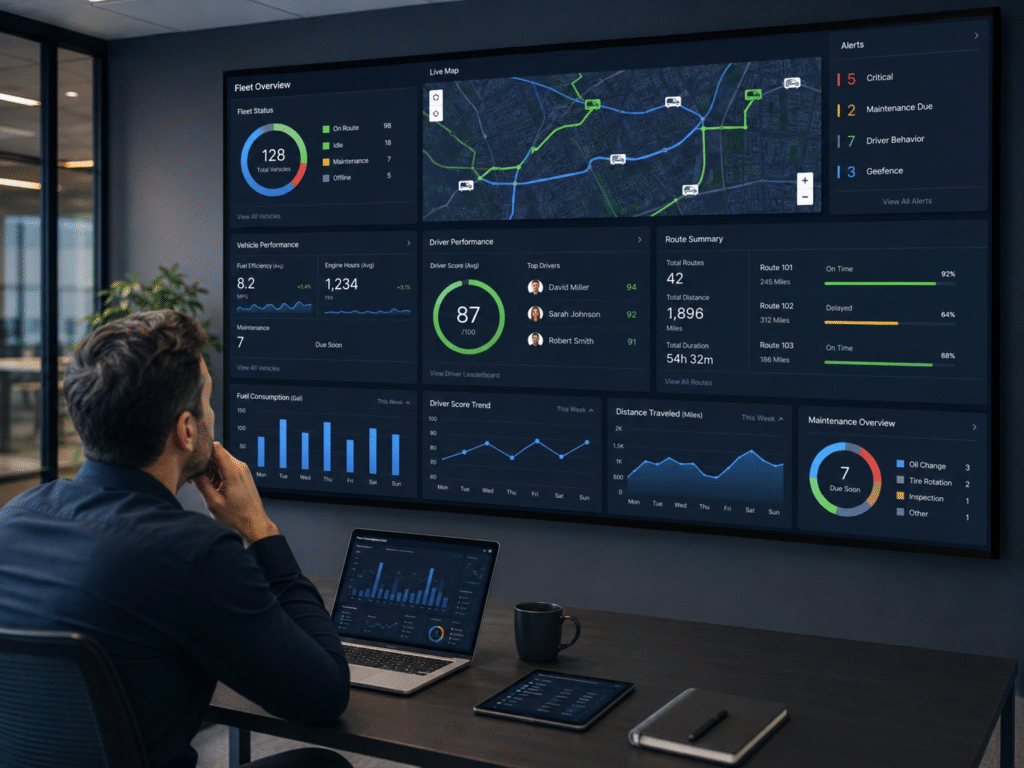 Gestor de frotas analisando indicadores de veículos, motoristas e rotas em painel digital.