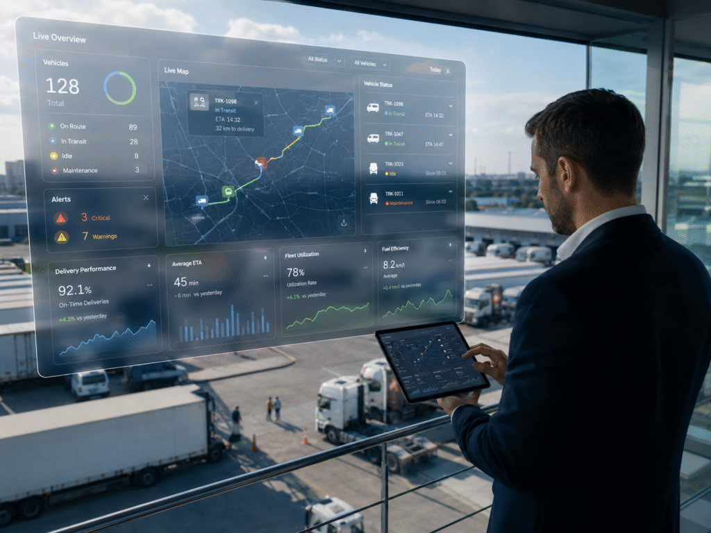Gestor acompanhando veículos, rotas e indicadores logísticos em painel digital em tempo real.