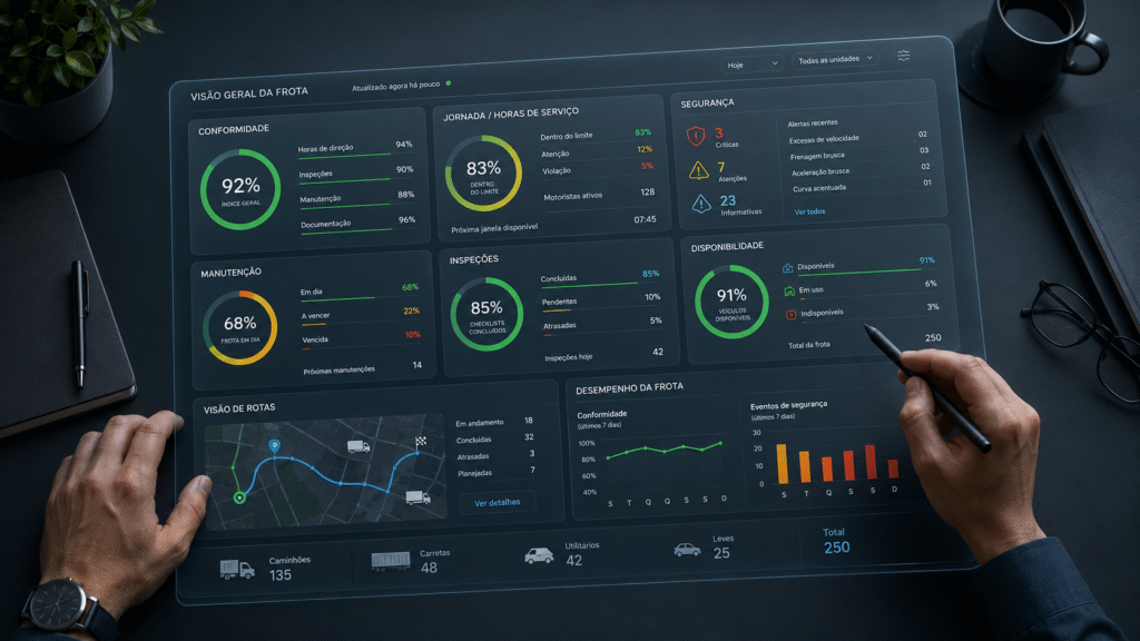 Gestor analisando indicadores de conformidade, jornada, segurança e manutenção da frota em painel digital.