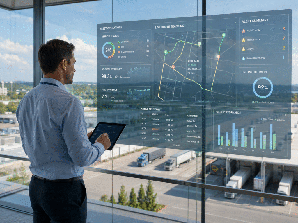 Gestor acompanhando dados logísticos automatizados em dashboard com indicadores de frota, rotas e desempenho.