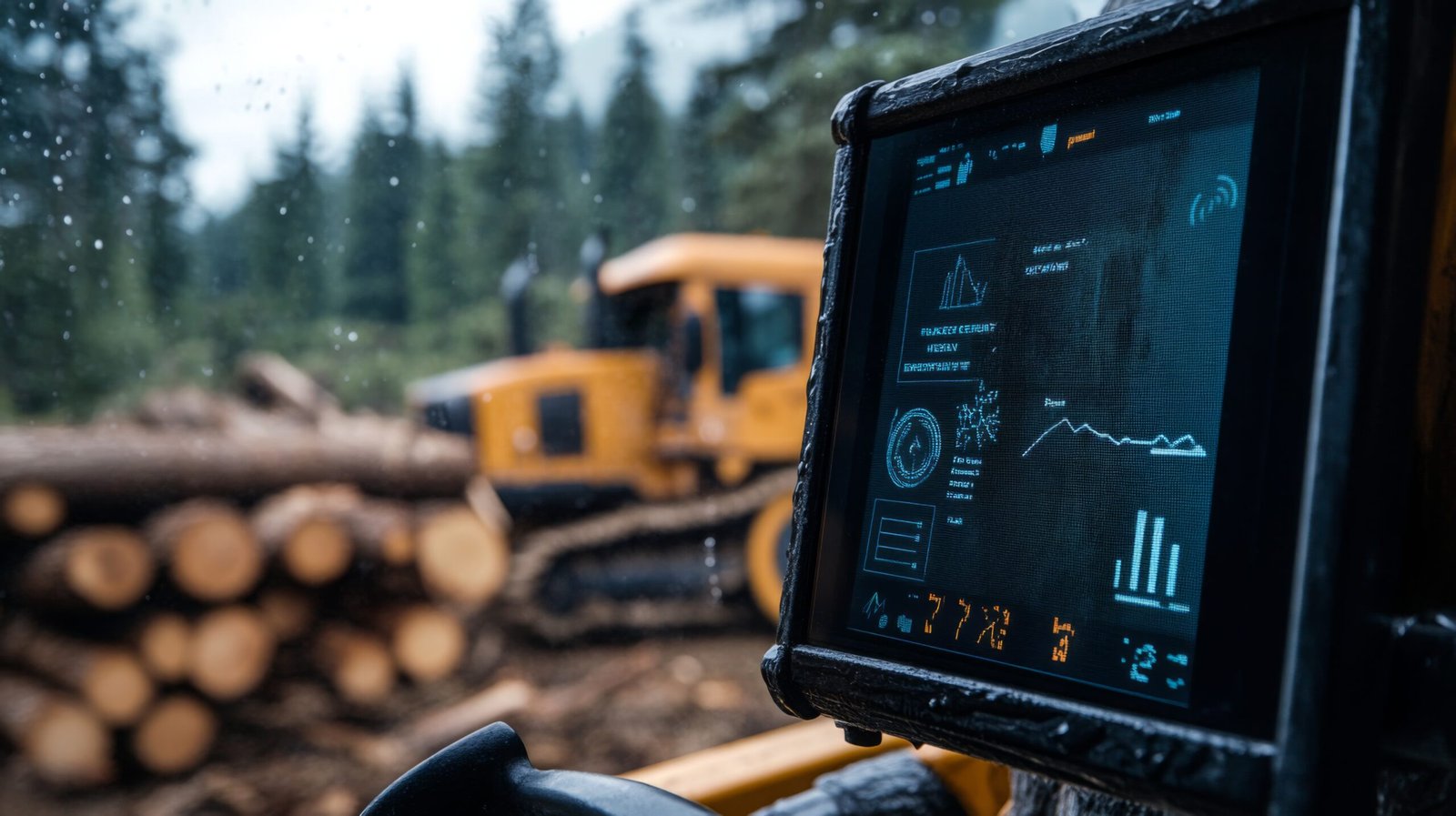 Operação florestal com máquinas e caminhões conectados a um sistema de monitoramento em tempo real.
