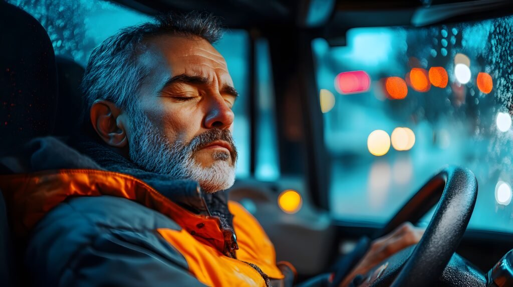 Motorista dirigindo caminhão à noite com sistema de monitoramento de fadiga ativo na cabine.