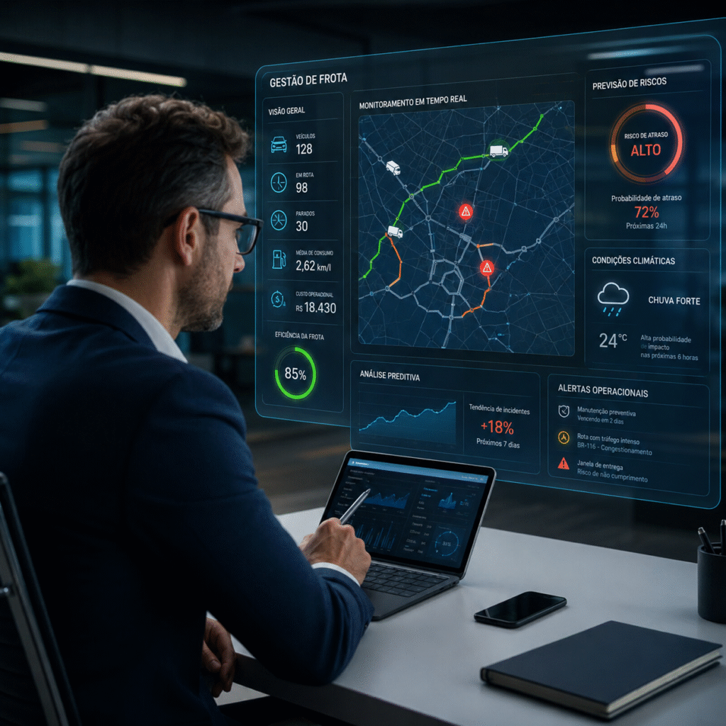 Gestor analisando dados de frota em painel digital para prever riscos logísticos