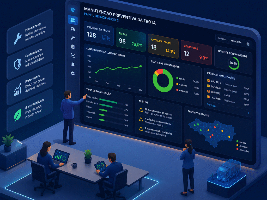 Gestor acompanhando indicadores de manutenção preventiva da frota em painel digital