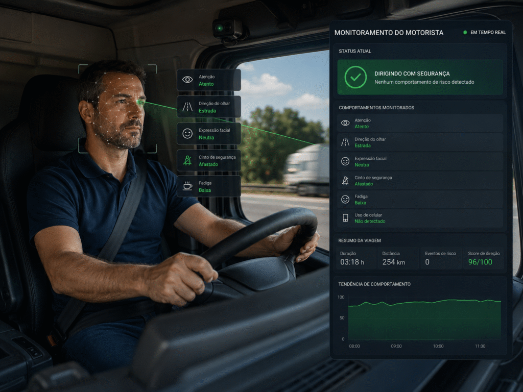 Motorista dirigindo caminhão com sistema de monitoramento analisando comportamento ao volante.