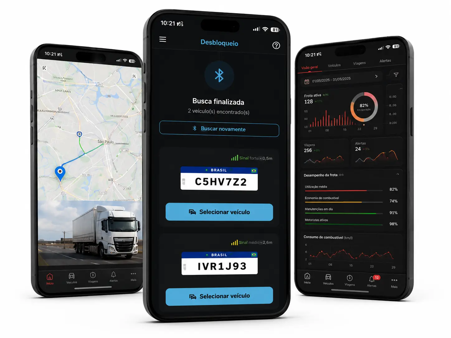Mockups do aplicativo Creare Condutor com mapa, desbloqueio veicular e dashboard operacional