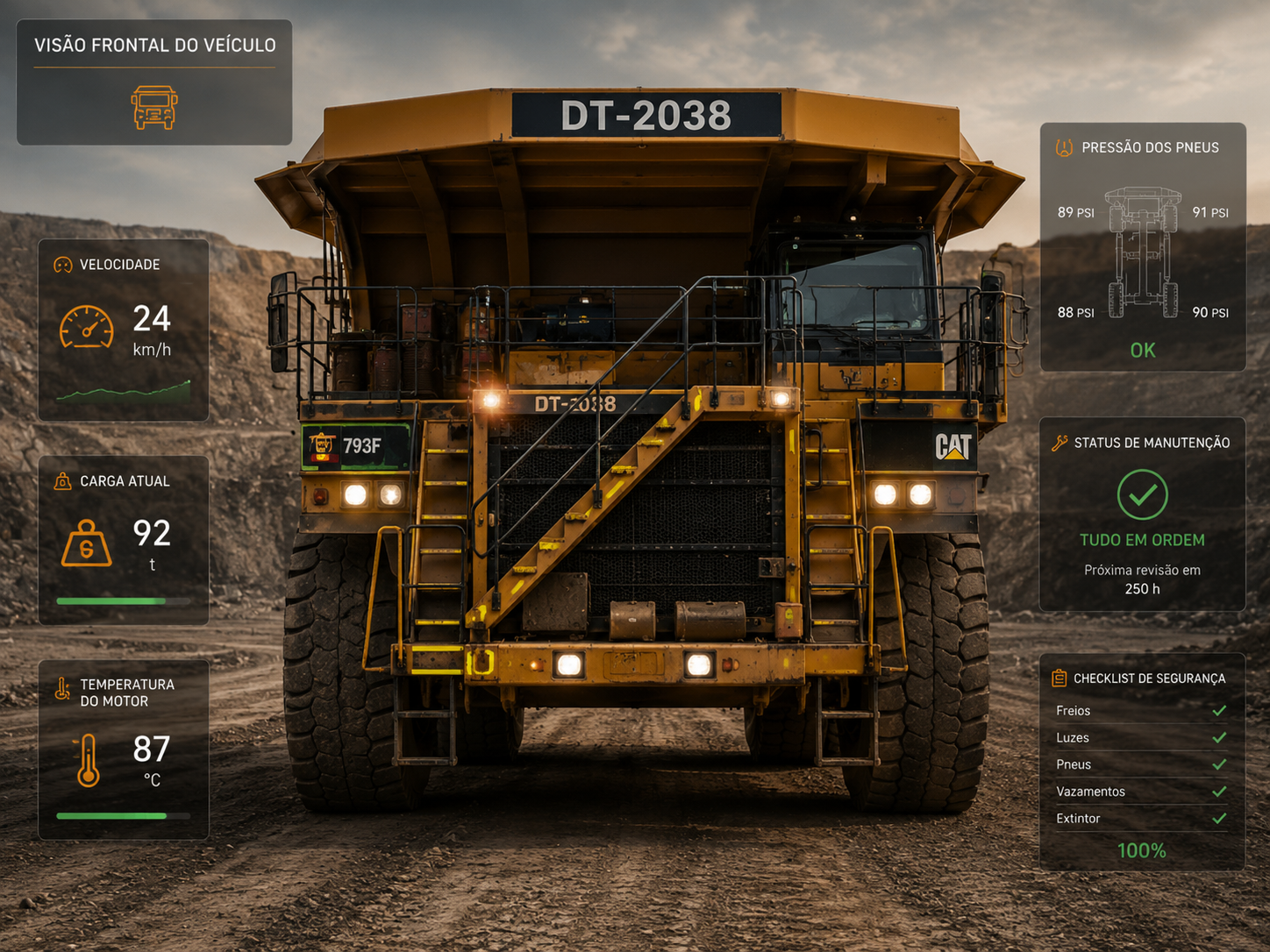 Caminhões e veículos operando em área de mineração com monitoramento digital de segurança e desempenho.