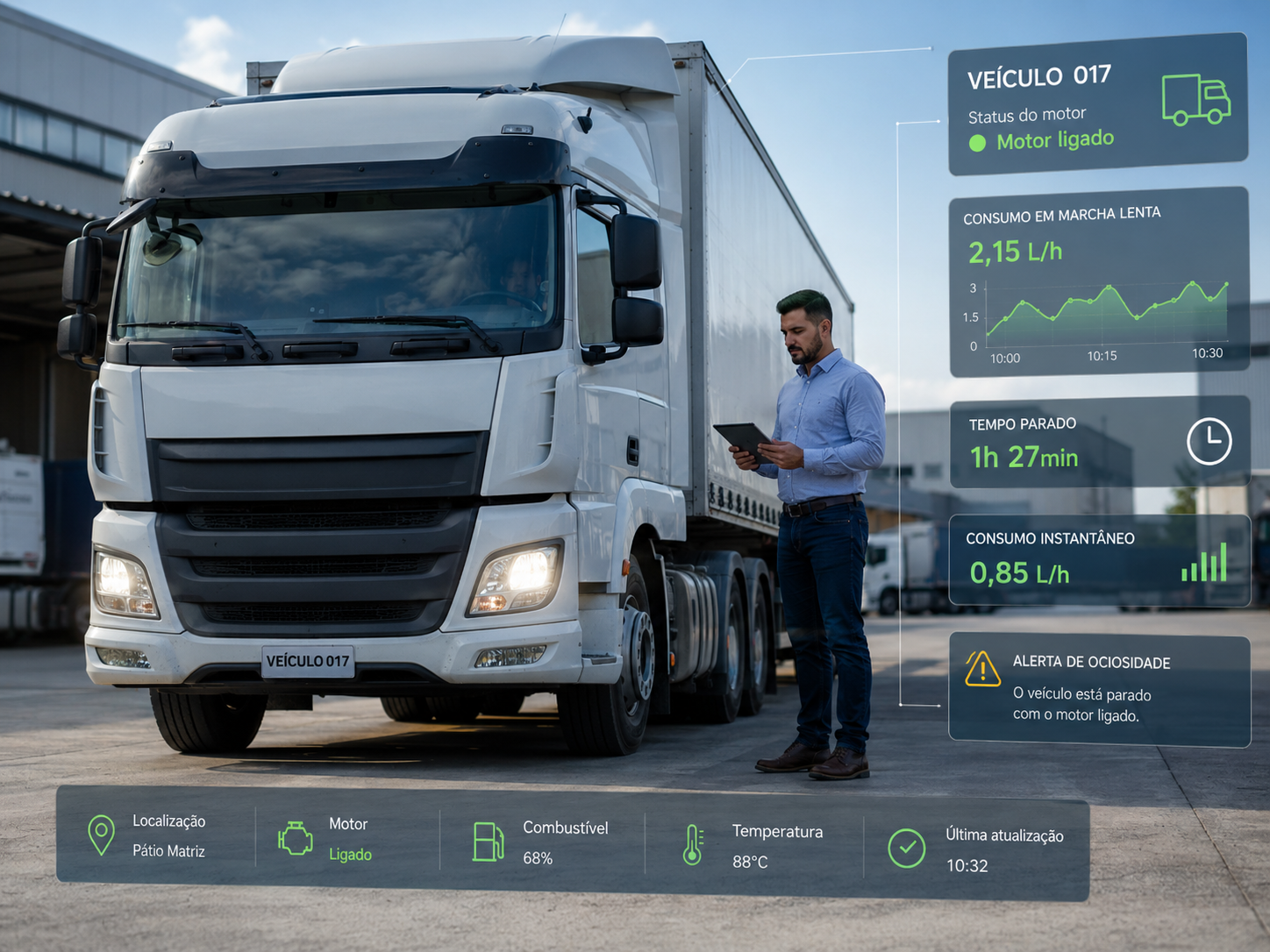Caminhão parado com motor ligado enquanto gestor acompanha dados de consumo em sistema de telemetria.
