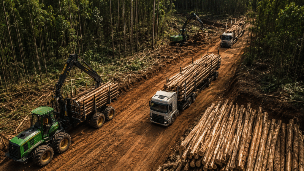 Operação florestal com máquinas e caminhões conectados a um sistema de monitoramento em tempo real.
