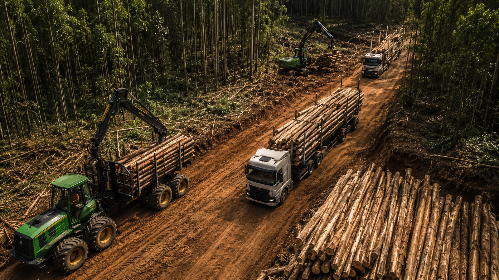 Operação florestal com máquinas e caminhões conectados a um sistema de monitoramento em tempo real.