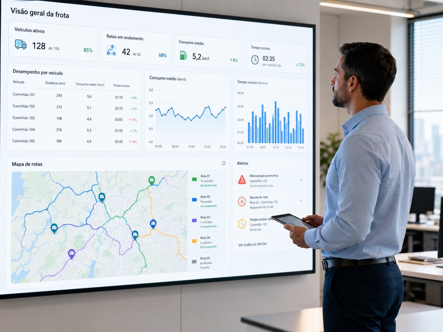 Gestor analisando indicadores de frota em painel digital com dados de veículos, rotas e desempenho