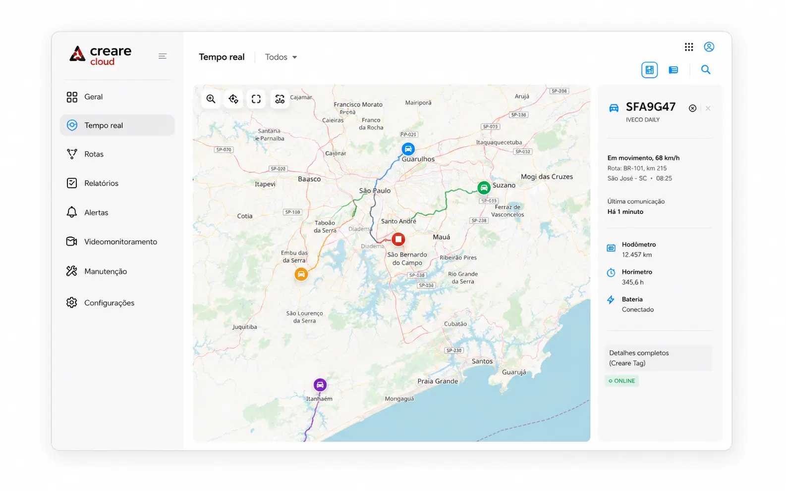 Mapa operacional da Plataforma Creare com rotas, veículos e status em tempo real
