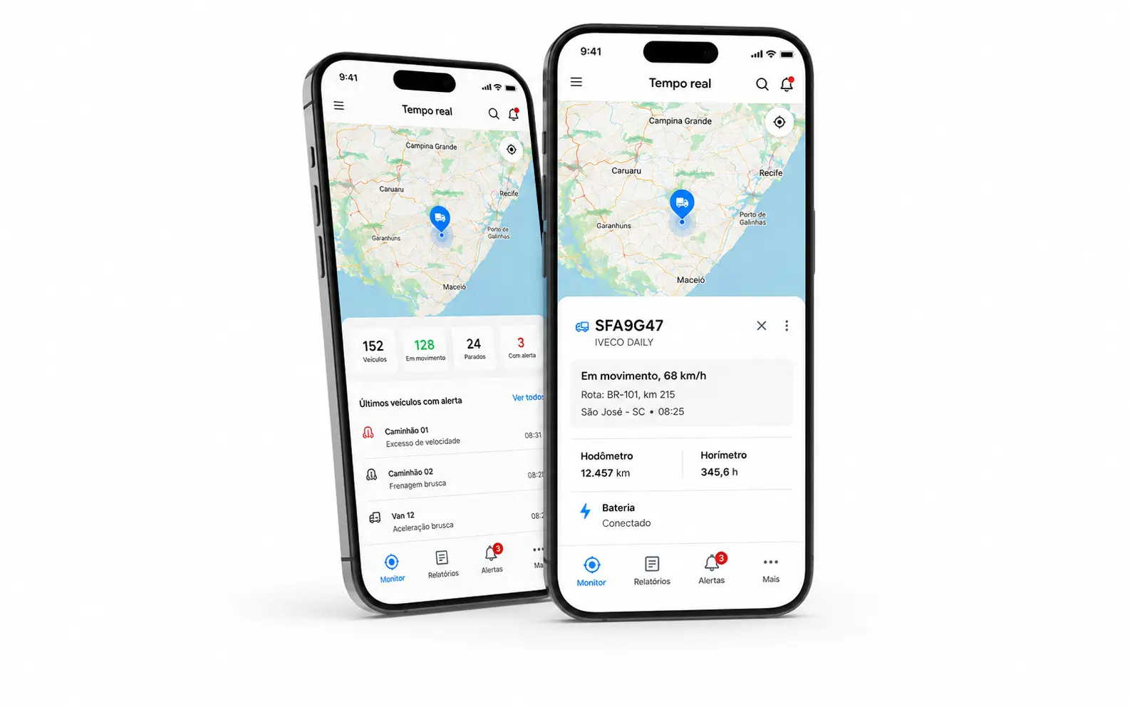 Aplicativo mobile com dados da frota e alertas operacionais
