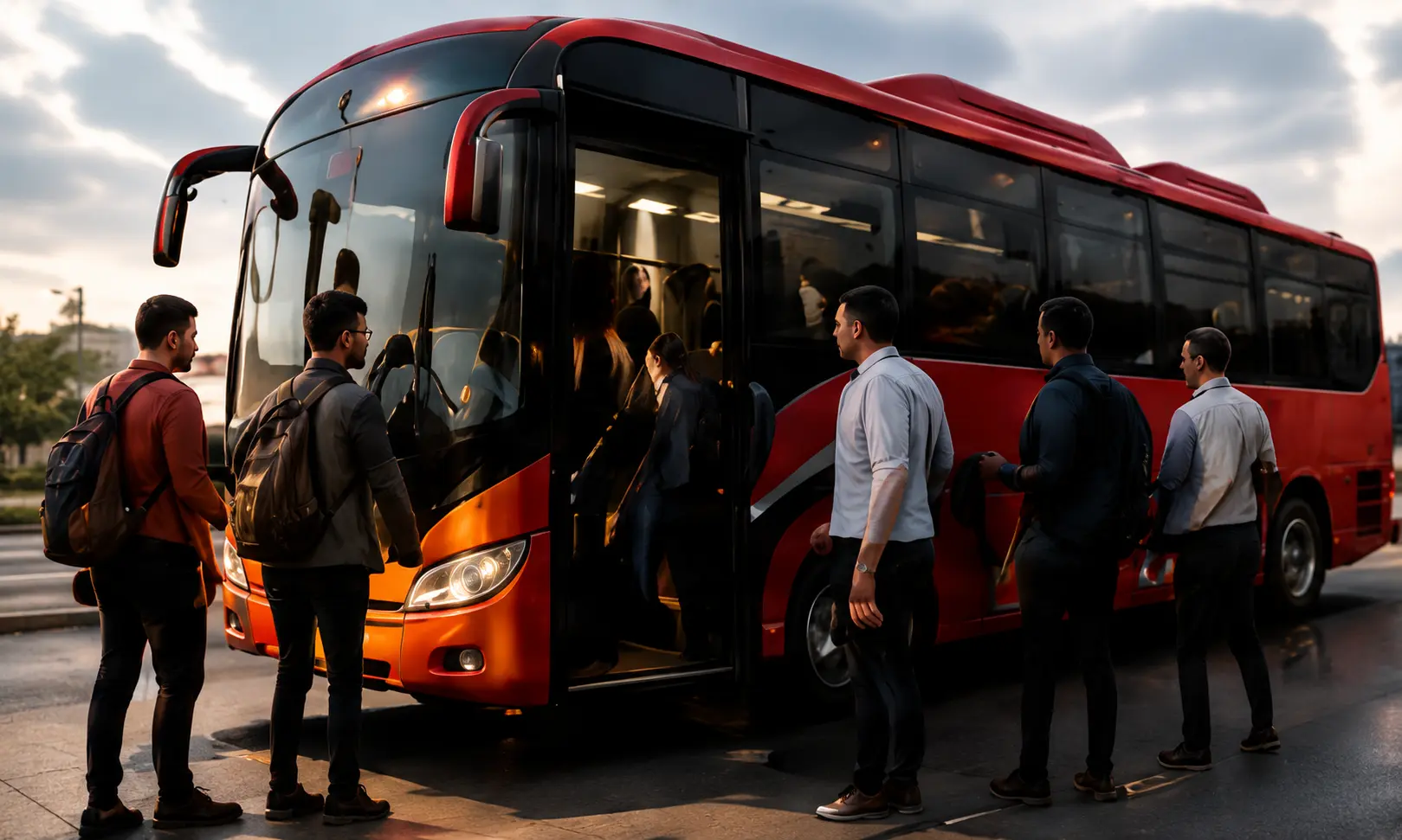 Colaboradores embarcando em ônibus corporativo vermelho