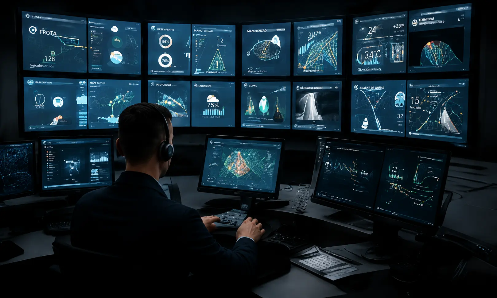 Central de monitoramento acompanhando operação em tempo real
