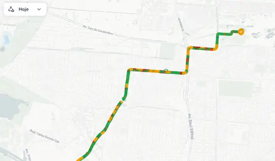 Mapa operacional com rota colorida por condição da estrada