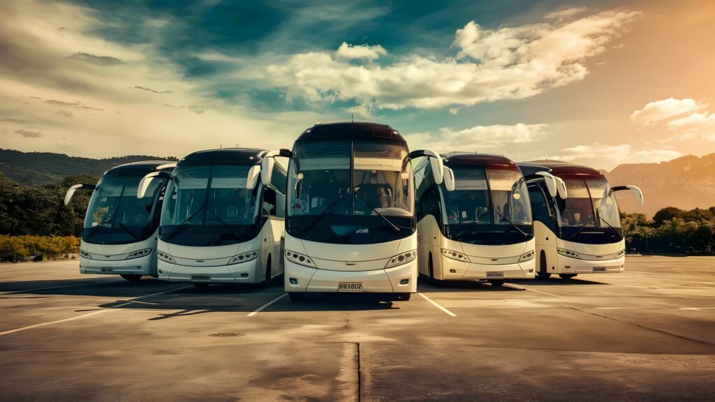 Ônibus corporativo monitorado por tecnologias de telemetria, câmeras e controle de embarque de colaboradores.